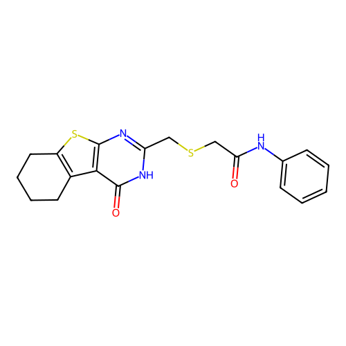 2-(((4-hydroxy-5,6,7,8-tetrahydrobenzo[4,5]thieno[2,3-d]pyrimidin-2-yl)methyl)thio)-N-phenylacetamide structure