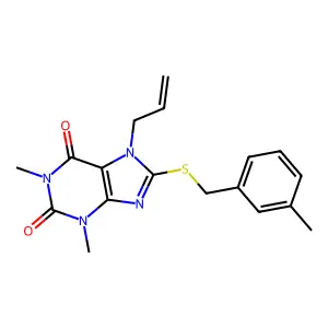 1,3-Dimethyl-8-[(3-methylphenyl)methylsulfanyl]-7-prop-2-enylpurine-2,6-dione structure