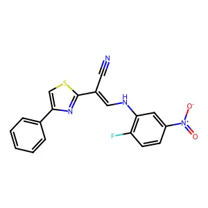 (E)-3-((2-fluoro-5-nitrophenyl)amino)-2-(4-phenylthiazol-2-yl)acrylonitrile structure