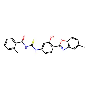 N-((3-hydroxy-4-(5-methylbenzo[d]oxazol-2-yl)phenyl)carbamothioyl)-2-methylbenzamide structure