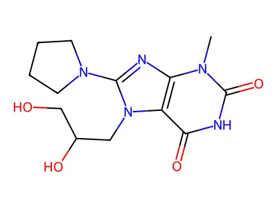 7-(2,3-dihydroxypropyl)-3-methyl-8-(pyrrolidin-1-yl)-1H-purine-2,6(3H,7H)-dione structure