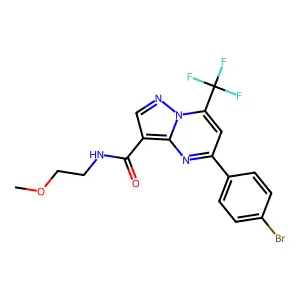 5-(4-bromophenyl)-N-(2-methoxyethyl)-7-(trifluoromethyl)pyrazolo[1,5-a]pyrimidine-3-carboxamide structure