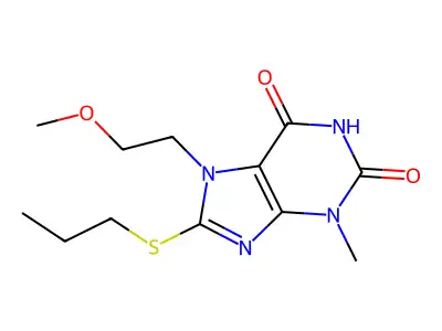 7-(2-methoxyethyl)-3-methyl-8-(propylthio)-1H-purine-2,6(3H,7H)-dione structure