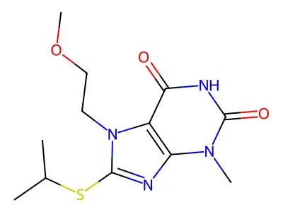 8-(isopropylthio)-7-(2-methoxyethyl)-3-methyl-1H-purine-2,6(3H,7H)-dione structure