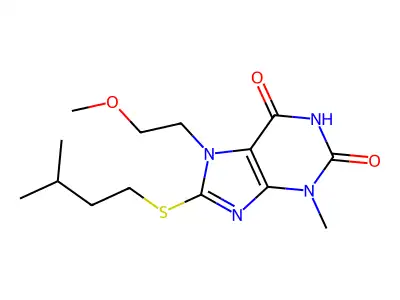 8-(isopentylthio)-7-(2-methoxyethyl)-3-methyl-1H-purine-2,6(3H,7H)-dione structure