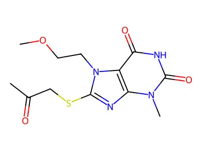 7-(2-methoxyethyl)-3-methyl-8-((2-oxopropyl)thio)-1H-purine-2,6(3H,7H)-dione structure
