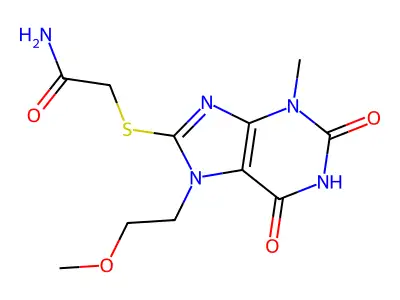 2-((7-(2-methoxyethyl)-3-methyl-2,6-dioxo-2,3,6,7-tetrahydro-1H-purin-8-yl)thio)acetamide structure