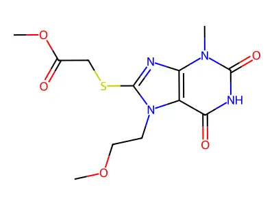 Methyl 2-[7-(2-methoxyethyl)-3-methyl-2,6-dioxopurin-8-yl]sulfanylacetate structure