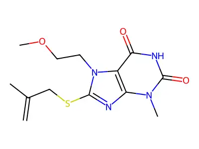 7-(2-methoxyethyl)-3-methyl-8-((2-methylallyl)thio)-1H-purine-2,6(3H,7H)-dione structure