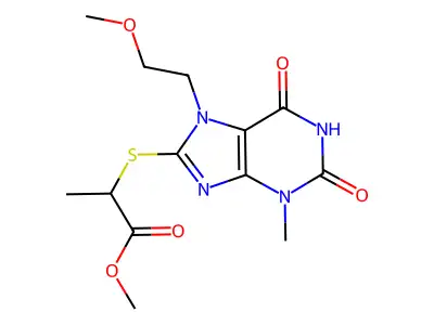 Methyl 2-[7-(2-methoxyethyl)-3-methyl-2,6-dioxopurin-8-yl]sulfanylpropanoate structure