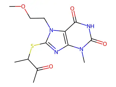 7-(2-methoxyethyl)-3-methyl-8-((3-oxobutan-2-yl)thio)-1H-purine-2,6(3H,7H)-dione structure