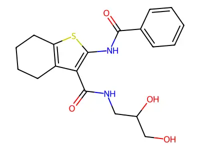 2-benzamido-N-(2,3-dihydroxypropyl)-4,5,6,7-tetrahydro-1-benzothiophene-3-carboxamide structure
