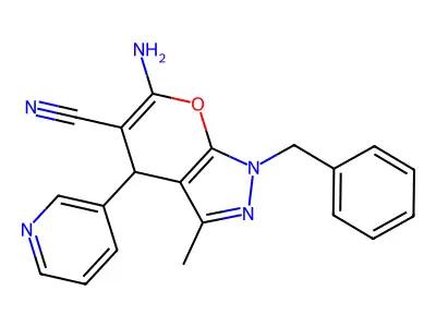 6-amino-1-benzyl-3-methyl-4-(pyridin-3-yl)-1,4-dihydropyrano[2,3-c]pyrazole-5-carbonitrile structure