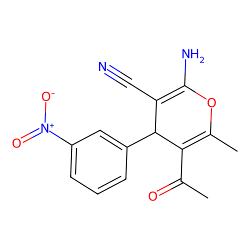 5-acetyl-2-amino-6-methyl-4-(3-nitrophenyl)-4H-pyran-3-carbonitrile structure