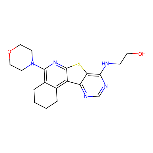 2-((5-morpholino-1,2,3,4-tetrahydropyrimido[4',5':4,5]thieno[2,3-c]isoquinolin-8-yl)amino)ethanol structure