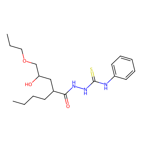 2-(2-(2-hydroxy-3-propoxypropyl)hexanoyl)-N-phenylhydrazinecarbothioamide structure