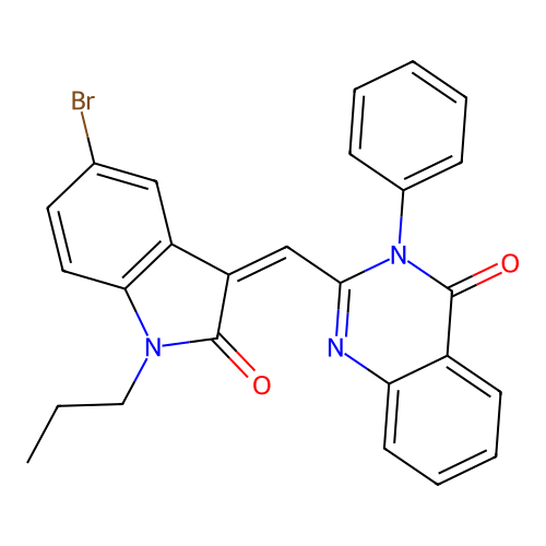 2-[(Z)-(5-bromo-2-oxo-1-propylindol-3-ylidene)methyl]-3-phenylquinazolin-4-one structure