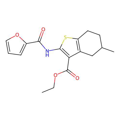 ethyl 2-[(furan-2-ylcarbonyl)amino]-5-methyl-4,5,6,7-tetrahydro-1-benzothiophene-3-carboxylate structure