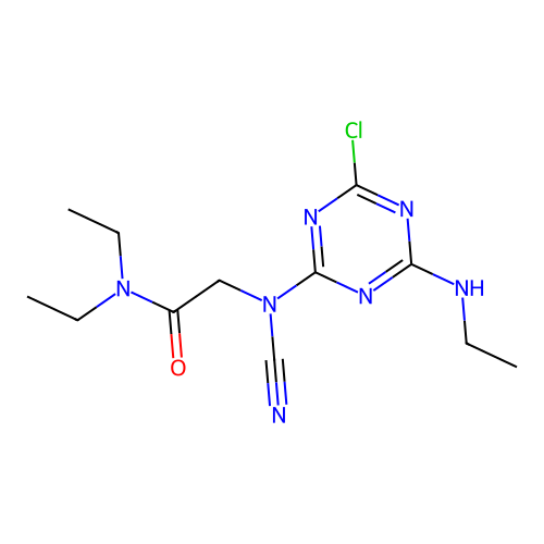 2-(N-(4-chloro-6-(ethylamino)-1,3,5-triazin-2-yl)cyanamido)-N,N-diethylacetamide structure