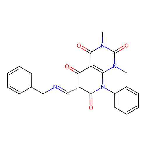 (6R)-6-(benzyliminomethyl)-1,3-dimethyl-8-phenylpyrido[2,3-d]pyrimidine-2,4,5,7-tetrone structure