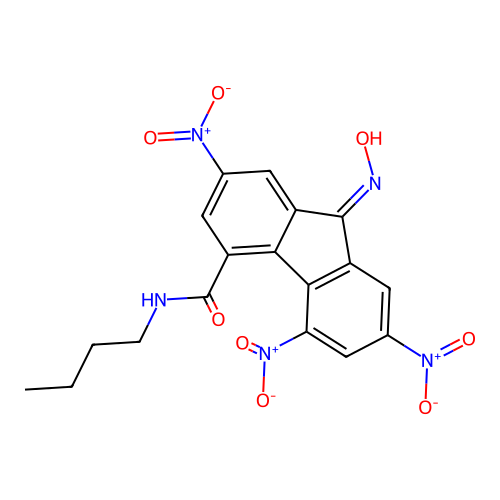 N-butyl-9-(hydroxyimino)-2,5,7-trisnitro-9H-fluorene-4-carboxamide structure