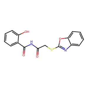 N-[2-(1,3-benzoxazol-2-ylsulfanyl)acetyl]-2-hydroxybenzamide structure