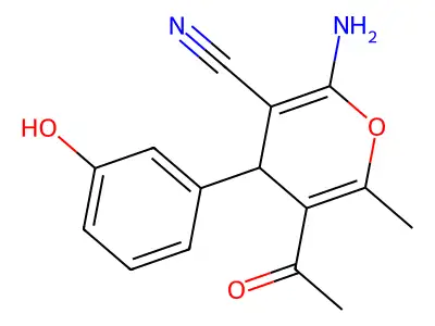 5-acetyl-2-amino-4-(3-hydroxyphenyl)-6-methyl-4H-pyran-3-carbonitrile structure