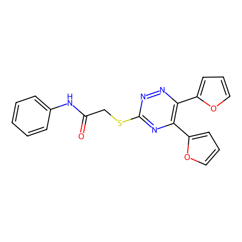 2-[[5,6-bis(furan-2-yl)-1,2,4-triazin-3-yl]sulfanyl]-N-phenylacetamide structure