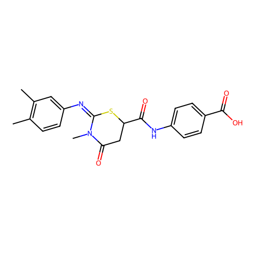 4-[({(2Z)-2-[(3,4-dimethylphenyl)imino]-3-methyl-4-oxo-1,3-thiazinan-6-yl}carbonyl)amino]benzoic acid structure