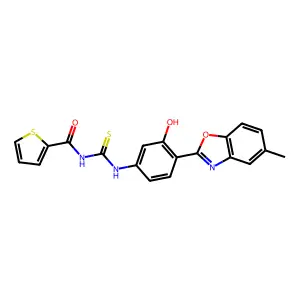 N-((3-hydroxy-4-(5-methylbenzo[d]oxazol-2-yl)phenyl)carbamothioyl)thiophene-2-carboxamide structure