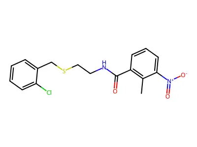 N-[2-[(2-chlorophenyl)methylsulfanyl]ethyl]-2-methyl-3-nitrobenzamide structure