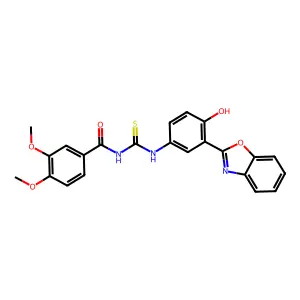 N-[3-(1,3-benzoxazol-2-yl)-4-hydroxyphenyl]-N'-(3,4-dimethoxybenzoyl)thiourea structure