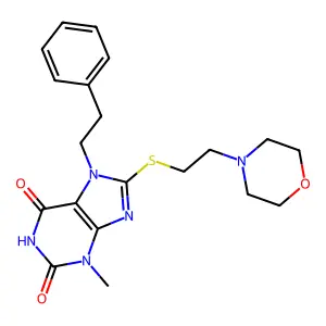 3-methyl-8-((2-morpholinoethyl)thio)-7-phenethyl-1H-purine-2,6(3H,7H)-dione structure