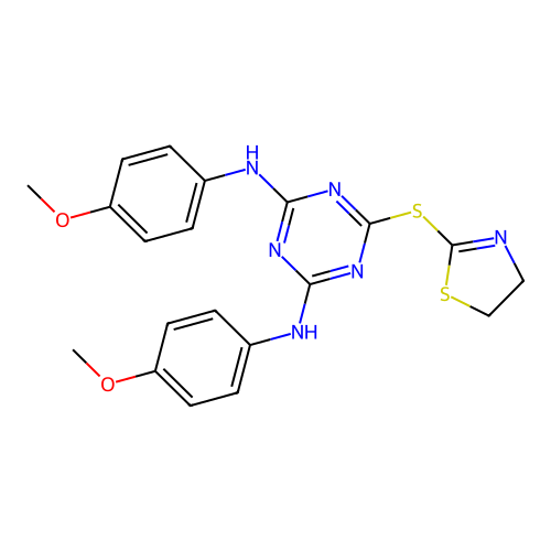 6-(4,5-dihydro-1,3-thiazol-2-ylsulfanyl)-N,N'-bis(4-methoxyphenyl)-1,3,5-triazine-2,4-diamine structure