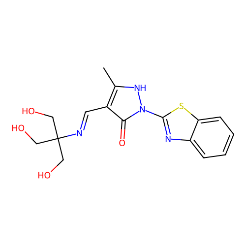 (4E)-2-(1,3-benzothiazol-2-yl)-4-({[1,3-dihydroxy-2-(hydroxymethyl)propan-2-yl]amino}methylidene)-5-methyl-2,4-dihydro-3H-pyrazol-3-one structure