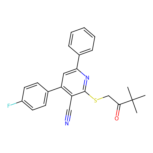 2-((3,3-dimethyl-2-oxobutyl)thio)-4-(4-fluorophenyl)-6-phenylnicotinonitrile structure
