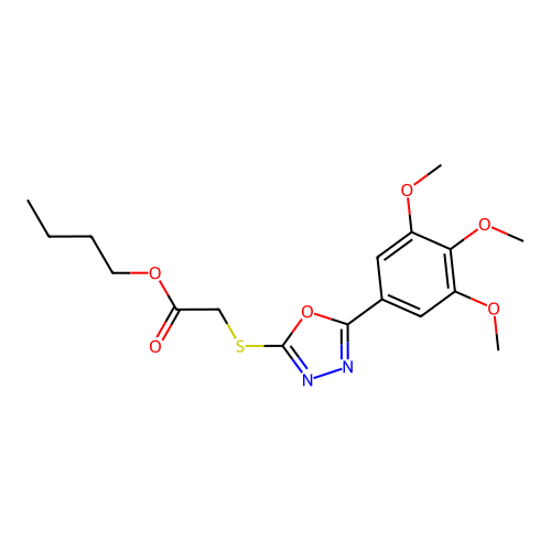 Butyl {[5-(3,4,5-trimethoxyphenyl)-1,3,4-oxadiazol-2-yl]sulfanyl}acetate structure