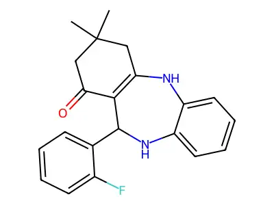11-(2-fluorophenyl)-3,3-dimethyl-2,3,4,5,10,11-hexahydro-1H-dibenzo[b,e][1,4]diazepin-1-one structure
