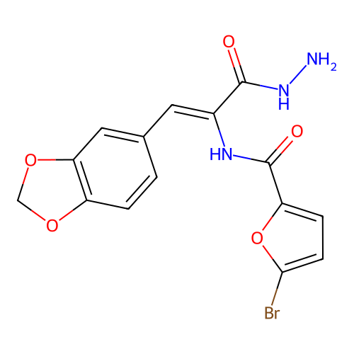 (Z)-N-(1-(benzo[d][1,3]dioxol-5-yl)-3-hydrazinyl-3-oxoprop-1-en-2-yl)-5-bromofuran-2-carboxamide structure