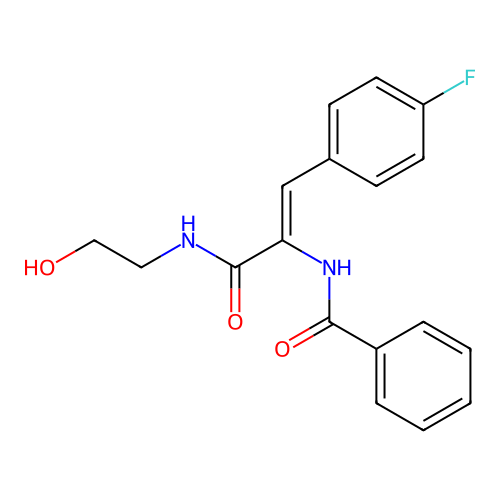 (Z)-N-(1-(4-fluorophenyl)-3-((2-hydroxyethyl)amino)-3-oxoprop-1-en-2-yl)benzamide structure