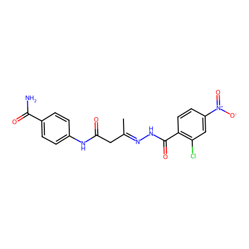 4-{[(3E)-3-{2-[(2-chloro-4-nitrophenyl)carbonyl]hydrazinylidene}butanoyl]amino}benzamide structure