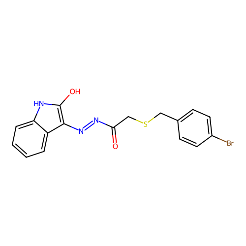 (Z)-2-((4-bromobenzyl)thio)-N'-(2-oxoindolin-3-ylidene)acetohydrazide structure