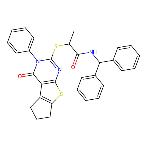 N-(diphenylmethyl)-2-[(4-oxo-3-phenyl-3,5,6,7-tetrahydro-4H-cyclopenta[4,5]thieno[2,3-d]pyrimidin-2-yl)sulfanyl]propanamide structure