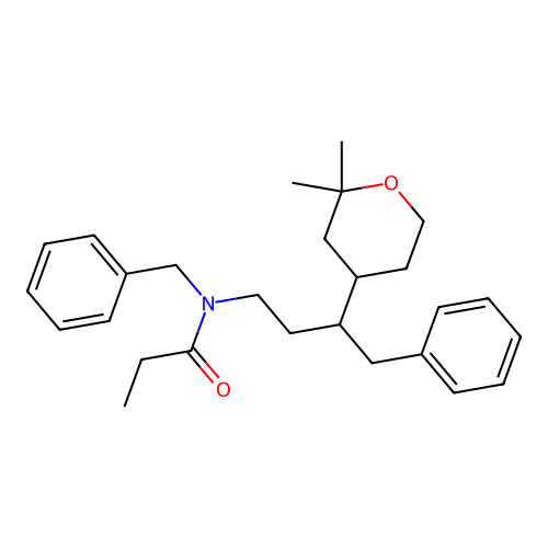 N-benzyl-N-(3-(2,2-dimethyltetrahydro-2H-pyran-4-yl)-4-phenylbutyl)propionamide structure