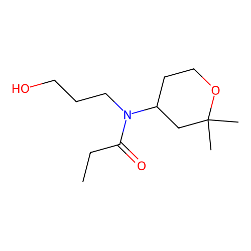 N-(2,2-dimethyltetrahydro-2H-pyran-4-yl)-N-(3-hydroxypropyl)propanamide structure