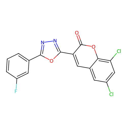 6,8-dichloro-3-(5-(3-fluorophenyl)-1,3,4-oxadiazol-2-yl)-2H-chromen-2-one structure