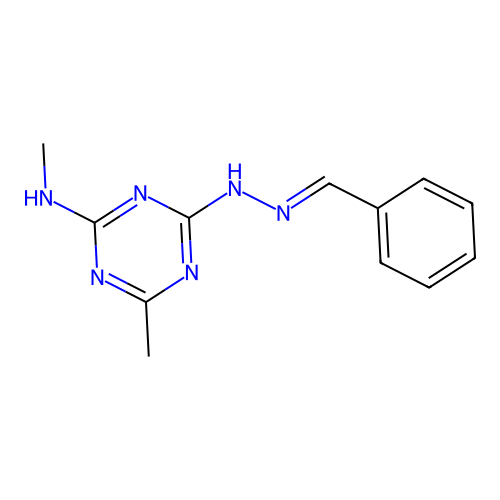 4-(2-benzylidenehydrazinyl)-N,6-dimethyl-1,3,5-triazin-2-amine structure