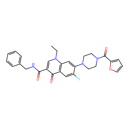1-Ethyl-6-fluoro-7-[4-(furan-2-carbonyl)-piperazin-1-yl]-4-oxo-1,4-dihydro-quinoline-3-carboxylic acid  benzylamide structure