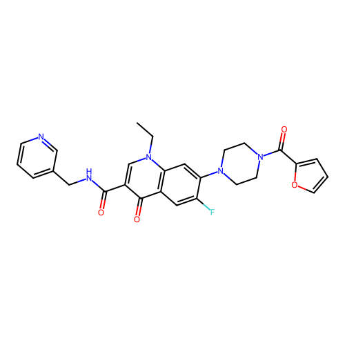 1-ethyl-6-fluoro-7-[4-(furan-2-carbonyl)piperazin-1-yl]-4-oxo-N-(pyridin-3-ylmethyl)quinoline-3-carboxamide structure