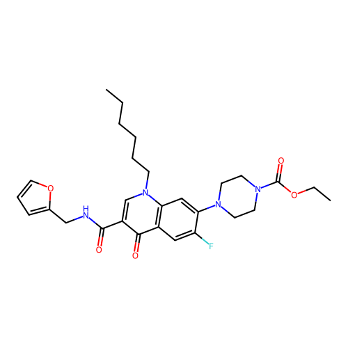ethyl 4-(6-fluoro-3-((furan-2-ylmethyl)carbamoyl)-1-hexyl-4-oxo-1,4-dihydroquinolin-7-yl)piperazine-1-carboxylate structure